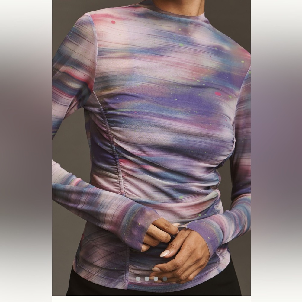 Anthropologie Mesh Top Size Medium Purple Pattern Double Layer Long Sleeve - Picture 2 of 15